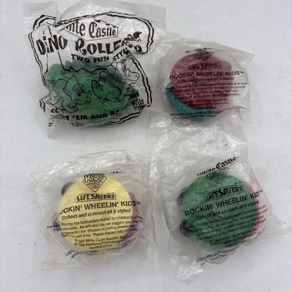 Vintage White Castle Kids Toys 1990s 3 Rockin' Wheelin' 1 Dino Sealed Lot of 4